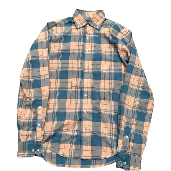 Sunswell Other - Sunswell Shirt Men's Small Blue Peach Plaid Long Sleeve Nylon Button Down Shirt